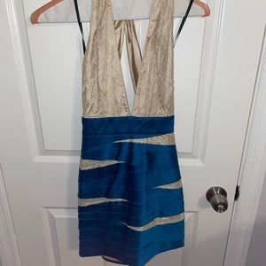 Cream and blue Bebe plunge sexy dress